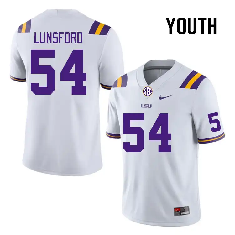 Youth LSU Tigers Martin Lunsford #54 White NCAA Football Jersey